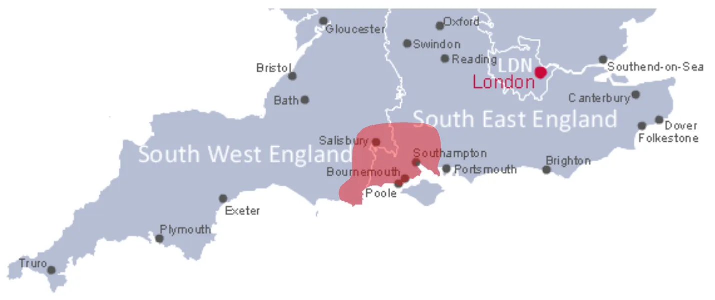 A map of southern England with the area from Salisbury and Southampton down to Poole, Bournemouth and Swanage shaded red